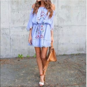 Umgee Off Shoulder Embroidered Chambray Dress